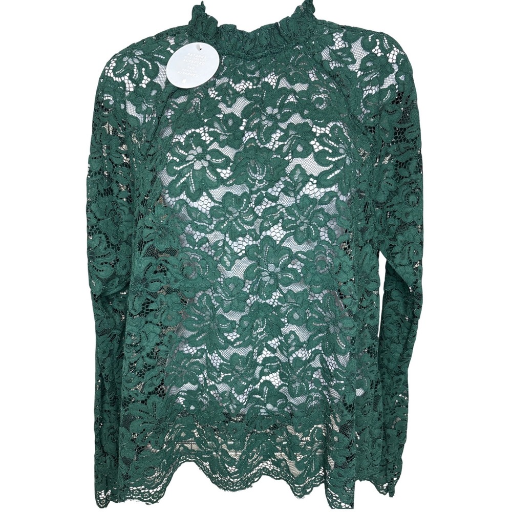 NWT Hill House Womens Green Floral Lace Long Sleeve Ruffle Blouse Sz S Victorian